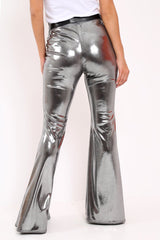 Silver Shiny Metallic High Waist Kick Flare Trousers - Islee