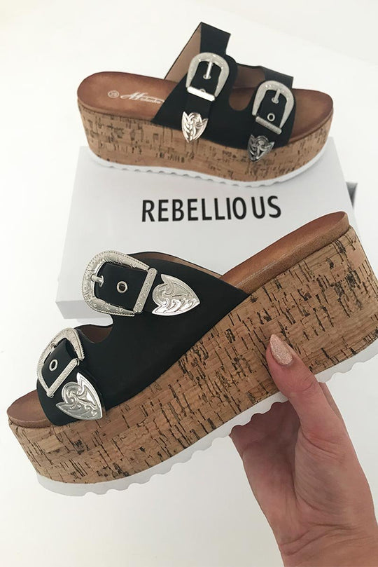 Black Western Buckle Wedged Mule - Iszabella