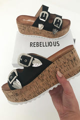 Black Western Buckle Wedged Mule - Iszabella