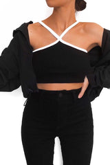 Black White Cross Front Straps Ribbed Crop Top - Vixi