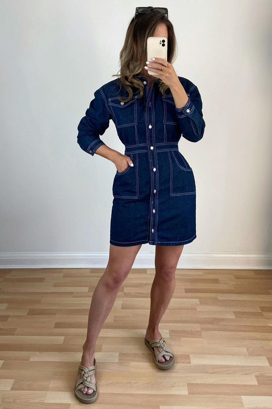 Dark Blue Long Sleeve Denim Mini Dress - Connie