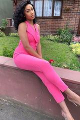 Pink Plunge Front Belted Jumpsuit - Mykel