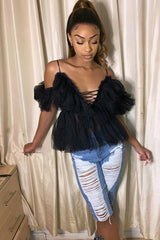 Black Bardot Tie Front Tulle Top - Jax