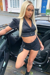 Black Utility Cargo Short and Buckle Crop Shirt Co-ord - Saisha