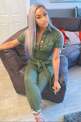 Khaki Denim Short Sleeve Button Up Belted Waist Boilersuit - Stevie