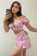 Pink Floral Print Crop Top + Frill Skirt Set - Abryana
