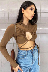 Camel Chest Cut Out High Neck Crop Top - Kara
