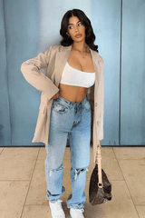 Mid Wash Denim Distressed Knee Extra Long Jeans - Ivelisse