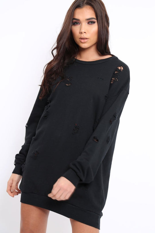 Black Distressed Detail Sweatshirt Jumper Dress - Ivy