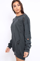 Charcoal Distressed Detail Sweatshirt Jumper Dress - Ivy