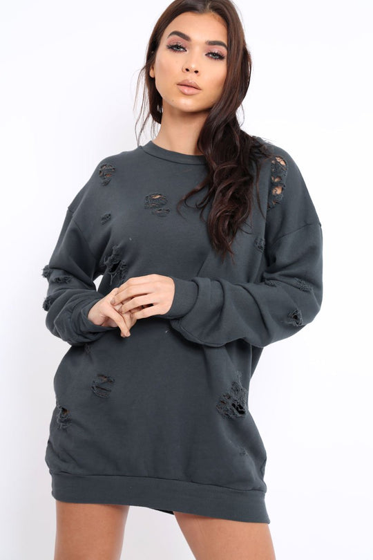 Charcoal Distressed Detail Sweatshirt Jumper Dress - Ivy