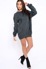 Charcoal Distressed Detail Sweatshirt Jumper Dress - Ivy