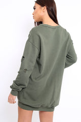 Khaki Distressed Detail Sweatshirt Jumper Dress - Ivy