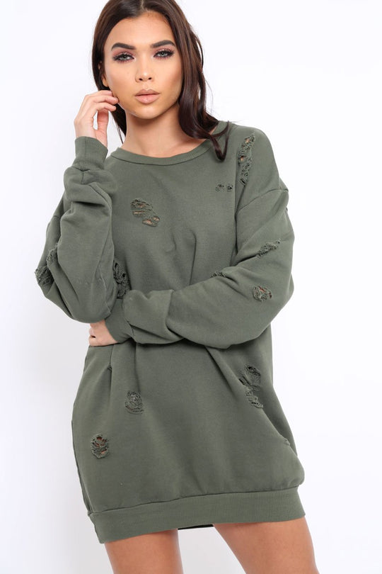 Khaki Distressed Detail Sweatshirt Jumper Dress - Ivy