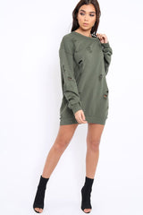 Khaki Distressed Detail Sweatshirt Jumper Dress - Ivy