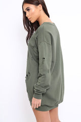 Khaki Distressed Detail Sweatshirt Jumper Dress - Ivy
