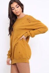 Mustard Distressed Detail Sweatshirt Jumper Dress - Ivy