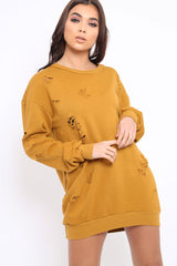 Mustard Distressed Detail Sweatshirt Jumper Dress - Ivy