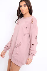 Pink Distressed Detail Sweatshirt Jumper Dress - Ivy