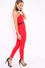 Red V- Plunge Gold Belt Jumpsuit -Izela