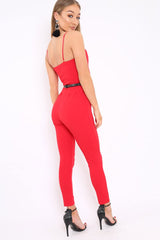 Red V- Plunge Gold Belt Jumpsuit -Izela