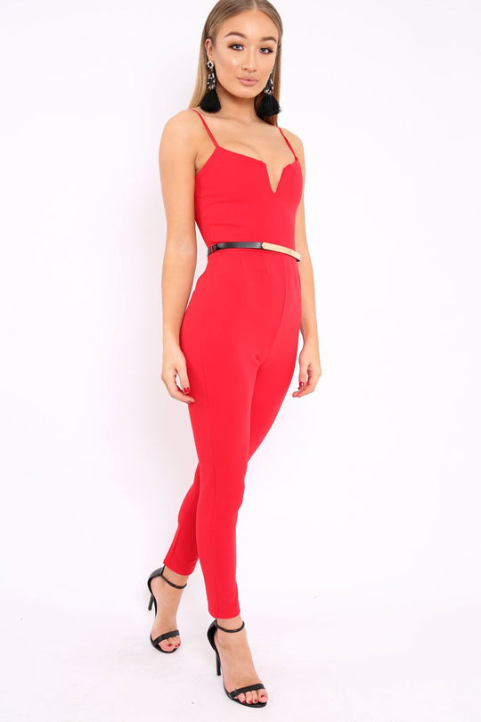 Red V- Plunge Gold Belt Jumpsuit -Izela