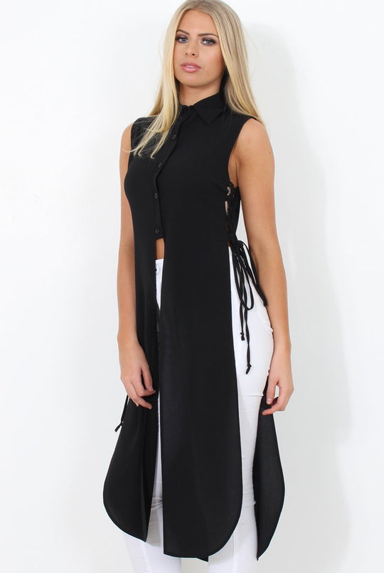 Black Split Detail Longline Shirt - Eva