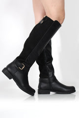 Sally Black Faux Leather/Suede Knee High Boots