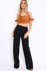 Camel Suedette Frill Cold Shoulder Crop Top - Jacklynn