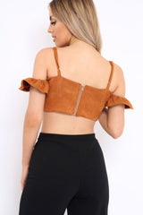 Camel Suedette Frill Cold Shoulder Crop Top - Jacklynn