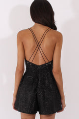 Black Glitter Cross Back Strappy Playsuit - Jaclyn