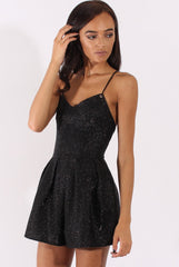 Black Glitter Cross Back Strappy Playsuit - Jaclyn