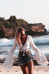 White Contrast Trim Tie Front Crop Top - Jaxy