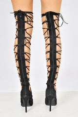 Black Faux Suede Knee High Lace Up Heels - Jadalee