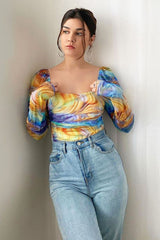 Multi Rainbow Puff Sleeve Bodysuit - Deana