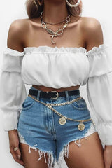 White Ruffle Bardot Crop Top - Aagna