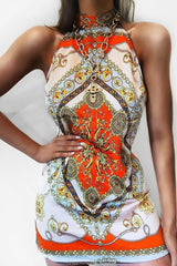 Nude Scarf Print Sleeveless Tie Back Swing Dress - Jessey