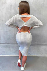 Beige Open Twist Back Maxi Bodycon Jumper Dress - Karrah