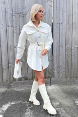 White Front Pocket Belted Shacket - Ranessa