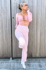 Pink Tie Wrap Front Ring Detail Crop Top - Taylor