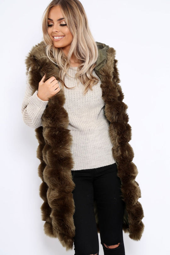 Khaki Hooded Faux Fur Gilet - Jadie
