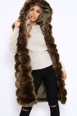 Khaki Hooded Faux Fur Gilet - Jadie