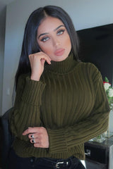 Khaki Knit High Neck Jumper - Jaelynn