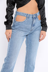 Light Blue Denim Cut Out Pocket Boyfriend Jeans - Jaime