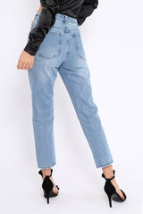 Light Blue Denim Cut Out Pocket Boyfriend Jeans - Jaime