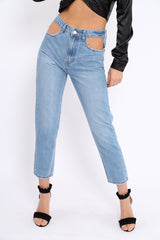 Light Blue Denim Cut Out Pocket Boyfriend Jeans - Jaime