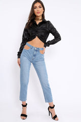 Light Blue Denim Cut Out Pocket Boyfriend Jeans - Jaime