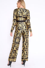 Black and Gold Scarf Print Plunge Jumpsuit - Ariza