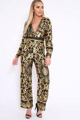 Black and Gold Scarf Print Plunge Jumpsuit - Ariza