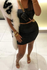 Black Satin Ruched Crop Top Seam Detail Skirt Co-ord - Dailah